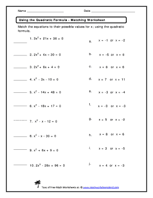 Quadratic Formula Matching Activity