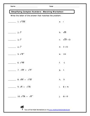 Simplifying Complex Numbers Worksheet PDF  Form