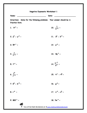 Negative Exponents Worksheet 1 Answer Key  Form