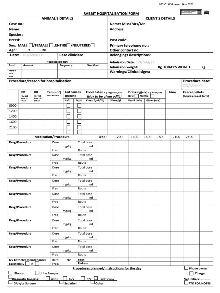 Veterinary Icu Treatment Sheet  Form