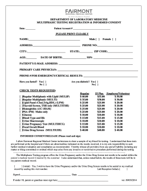 Multiphasic Blood Testing Form Fairmont Regional Medical Center