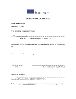 Certificate of Arrival Erasmus  Form