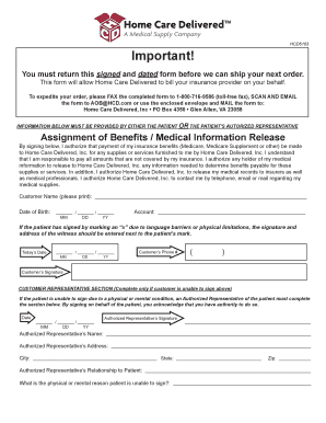 Assignment of Benefits AOB Form Home Care Delivered 2016