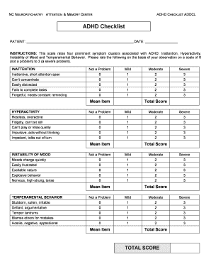 Adhd Checklist Child Printable  Form