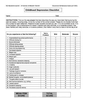 MEAN ITEM SCORE TOTAL SCORE Childhood Depression Checklist  Form