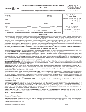 SKi PHYsiCAL EDUCATiON EqUiPMENT RENTAL FORM Bridger Bowl Heritage Christian