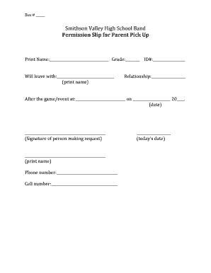 Parent Pick Up Form SVHS Ranger Band