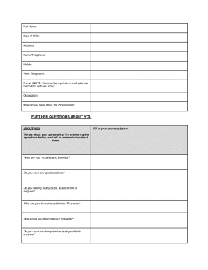 Celebrity Squares Contestant Application Form