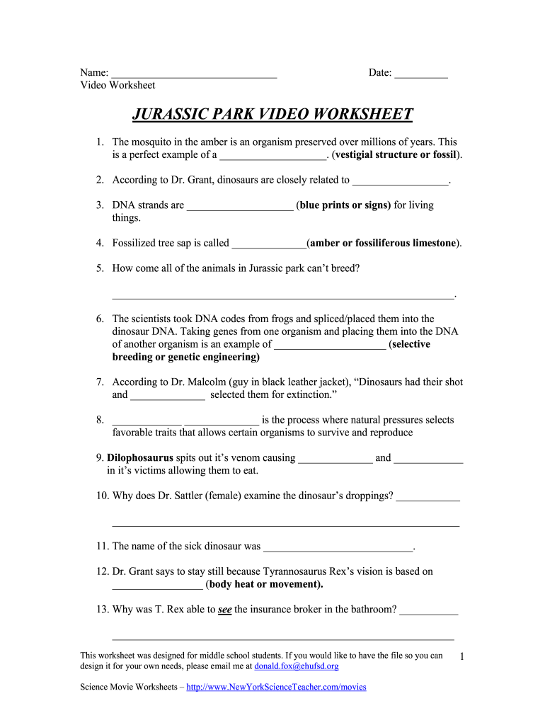 Jurassic Park Movie Questions Form