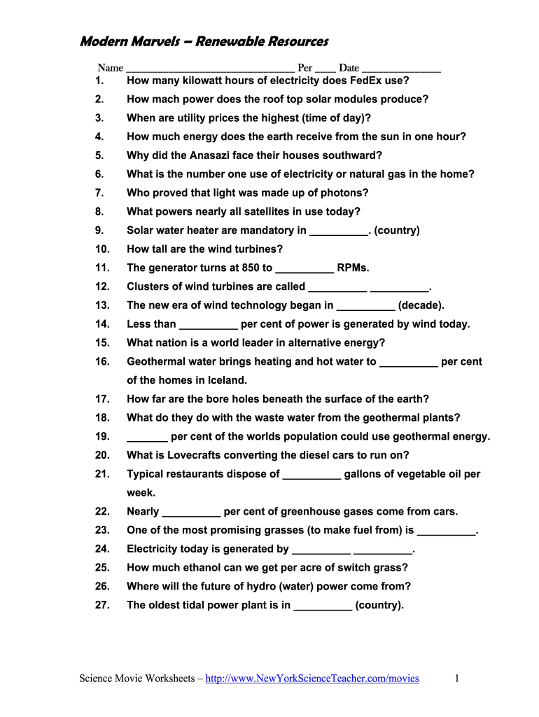 Modern Marvels Renewable Energy Worksheet Answers  Form