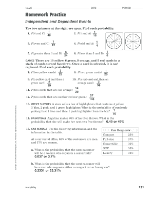 Worksheet 9 7 Math 7 Independent and Dependent Events Answers  Form