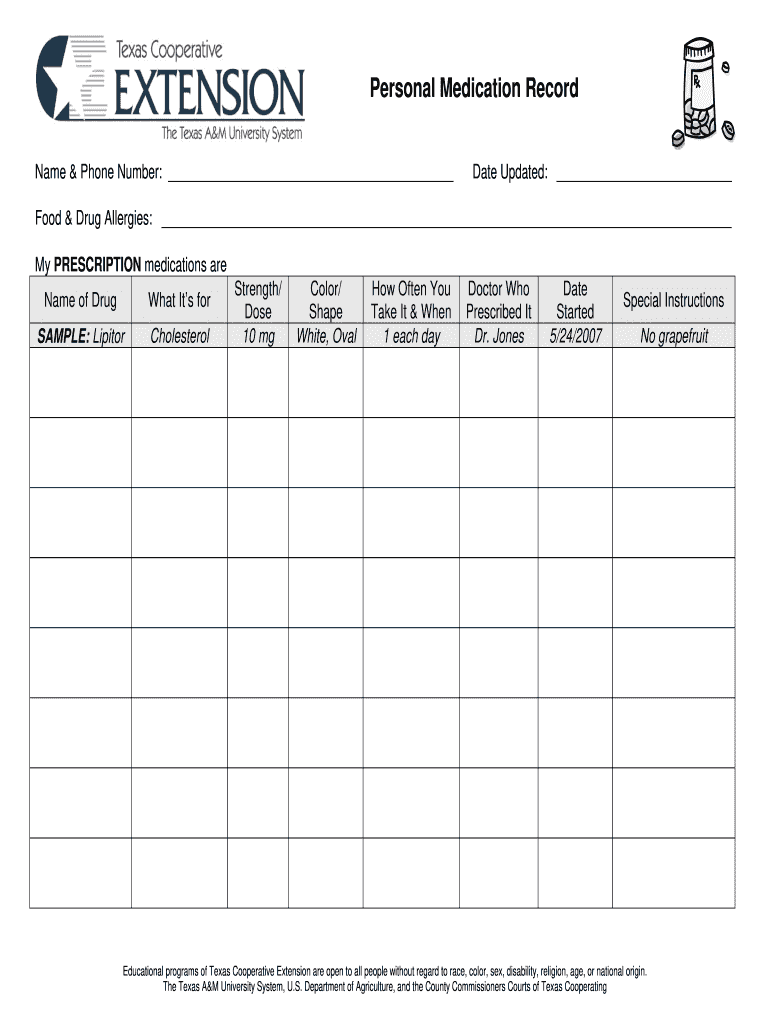 Personal Medication Record Rockwall County Extension Office Rockwall Agrilife  Form