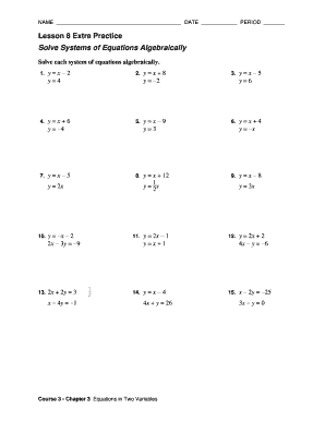 Lesson 8 Homework Practice Solve Systems of Equations Algebraically Answer Key  Form