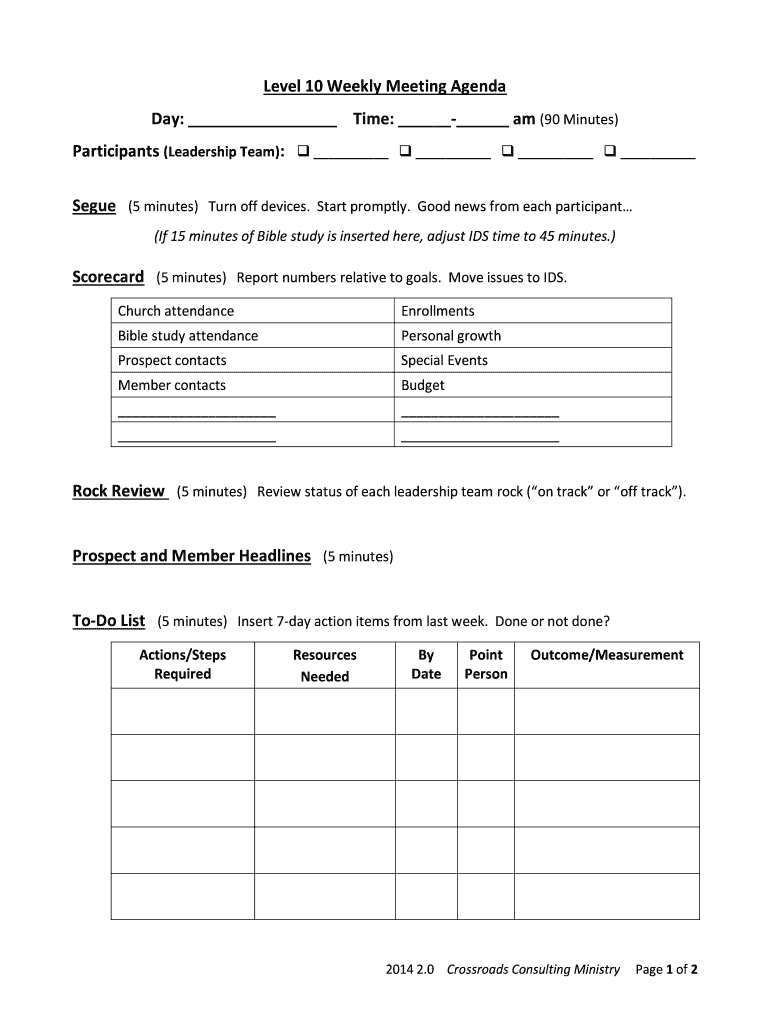 Level 10 Meeting Template Excel  Form