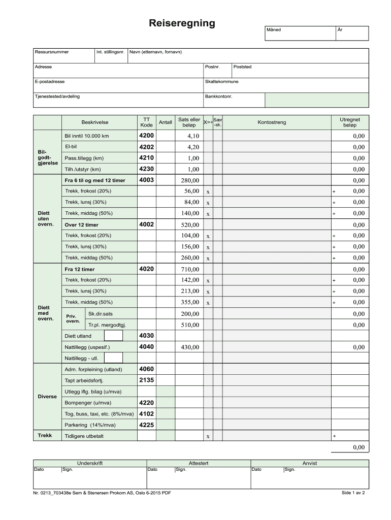 Reiseregning Skjema  Form