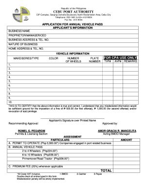 Cebu Port Authority Application for Annual Vehicle Pass Form