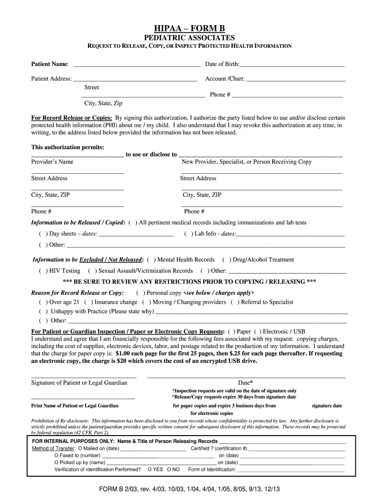 HIPAA FORM B PEDIATRIC ASSOCIATES REQUEST to RELEASE COPY