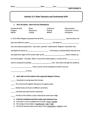 Fill in the Blank Plate Tectonics  Form