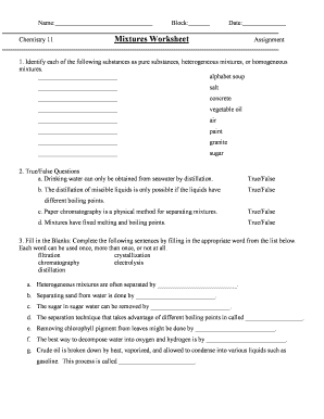 Mixtures Worksheet Chemistry 11  Form