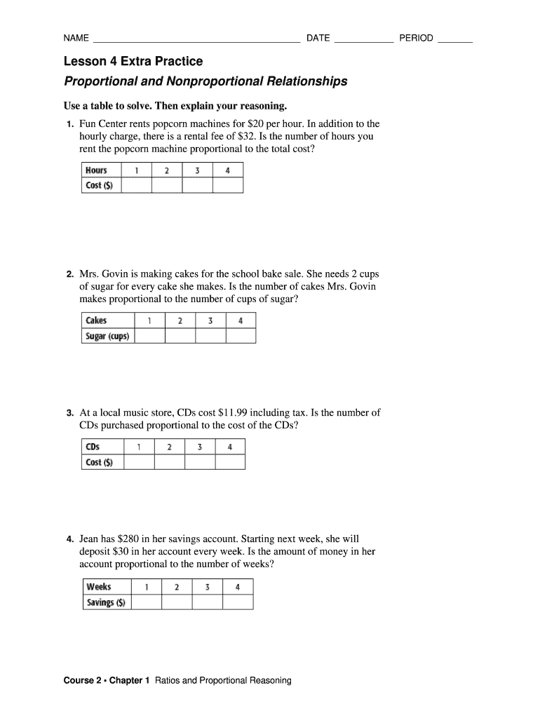 Lesson 4 Extra Practice Proportional and Nonproportional Relationships Answer Key  Form