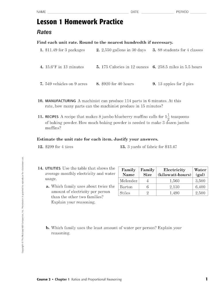 Lesson 1 Homework Practice Rates  Form