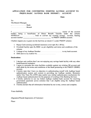 Application Form for Convertig Saving Account to Pmjdy Account