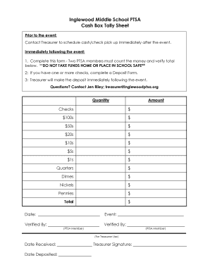 Inglewood Middle School PTSA Cash Box Tally Sheet Inglewoodptsa  Form