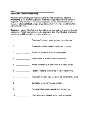Physical and Chemical Weathering Worksheet  Form