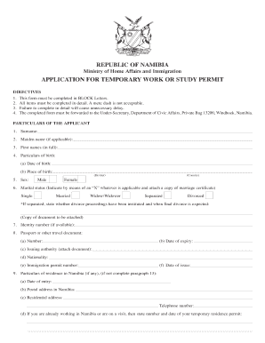 Ministry of Home Affairs Namibia Work Permit Application  Form