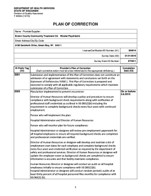 DEPARTMENT of HEALTH SERVICES STATE of WISCONSIN Division of Quality Assurance F00344 1210 PLAN of CORRECTION Name ProviderSuppl  Form