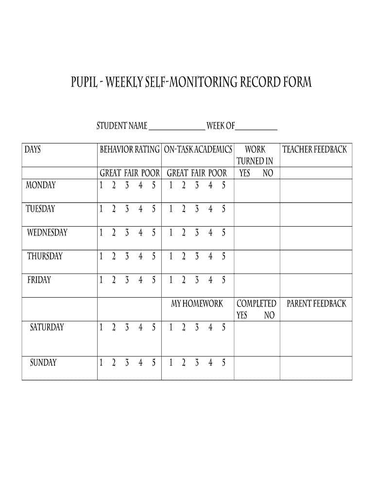 Pupil Weekly SELF Monitoring Record Form Able Differently