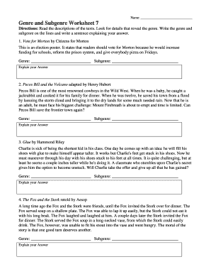 Genre and Subgenre Worksheet 7 Answer Key  Form