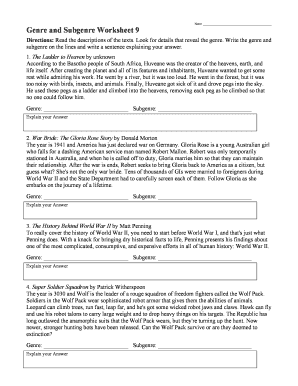 Genre and Subgenre Worksheet 3 Answer Key  Form