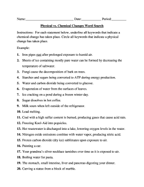 Physical and Chemical Change Word Search PDF  Form
