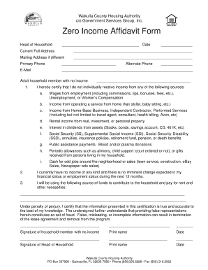 Example of Affidavit of Zero Income  Form