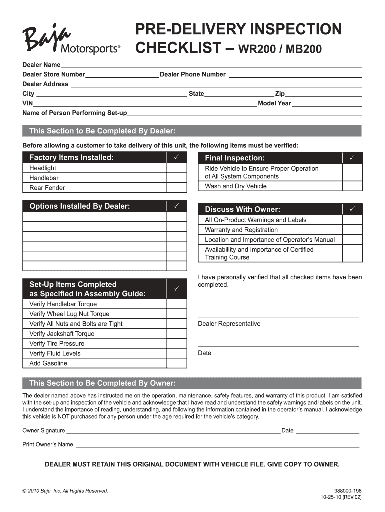 Pre Delivery Inspection Checklist Wr200 Mb200  Baja Motorsports  Form