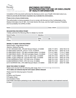 Hoag Medical Records  Form