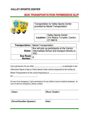 BUS TRANSPORTATION PERMISSION SLIP Valley Sports Center  Form