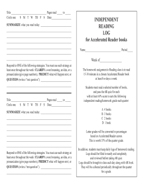 INDEPENDENT READING LOG for Accelerated Reader Books  Form