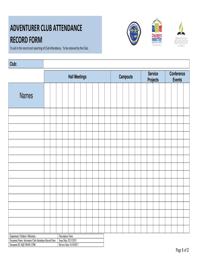 Adventurer Clud Sda Attendance Register  Form