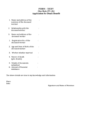 FORM XXXV See Rule 271 2 Application for Death Benefit Bocboard Labdirodisha Gov