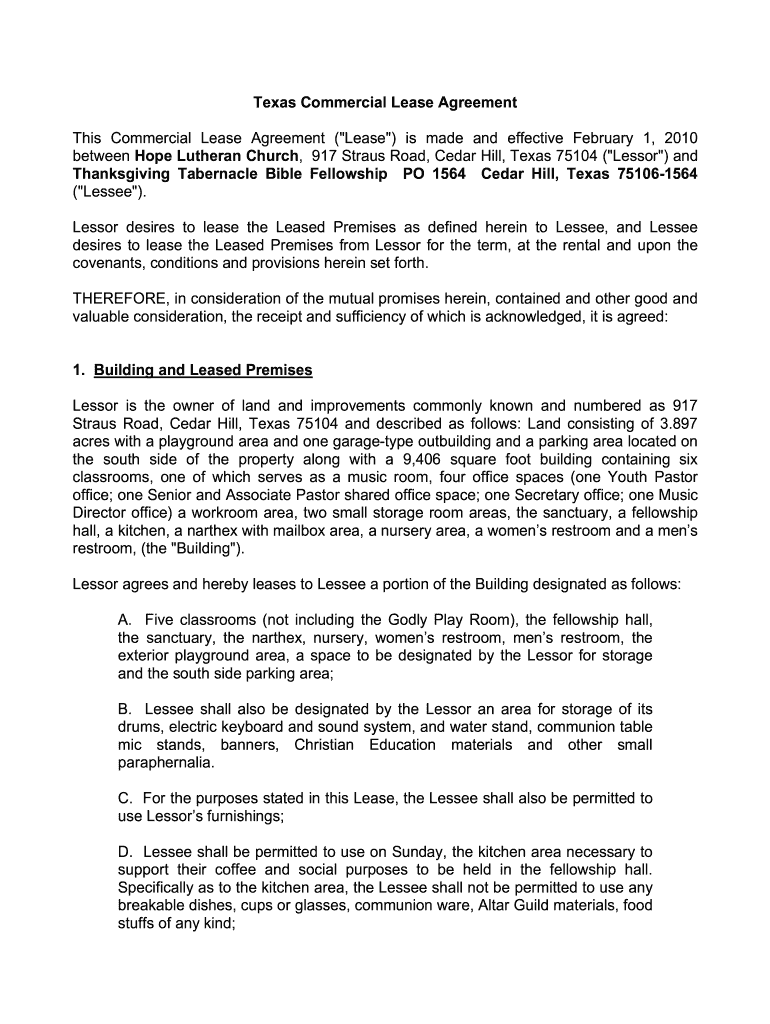  Texas Commercial Lease Agreement Hope Lutheran Church Hopelutheran 2010-2024