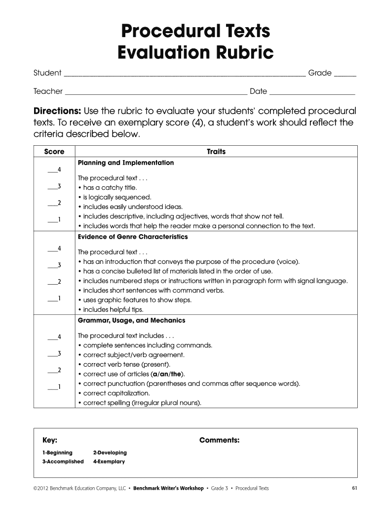 Procedural Texts Evaluation Rubric Benchmark Writer&amp;#39;s Workshop  Form