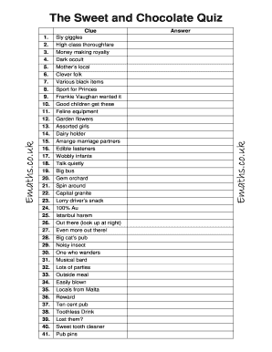 Chocolate Quiz Printable  Form