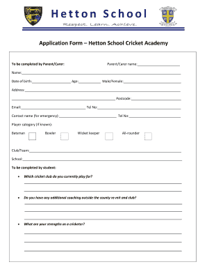 Cricket Academy Admission Form PDF