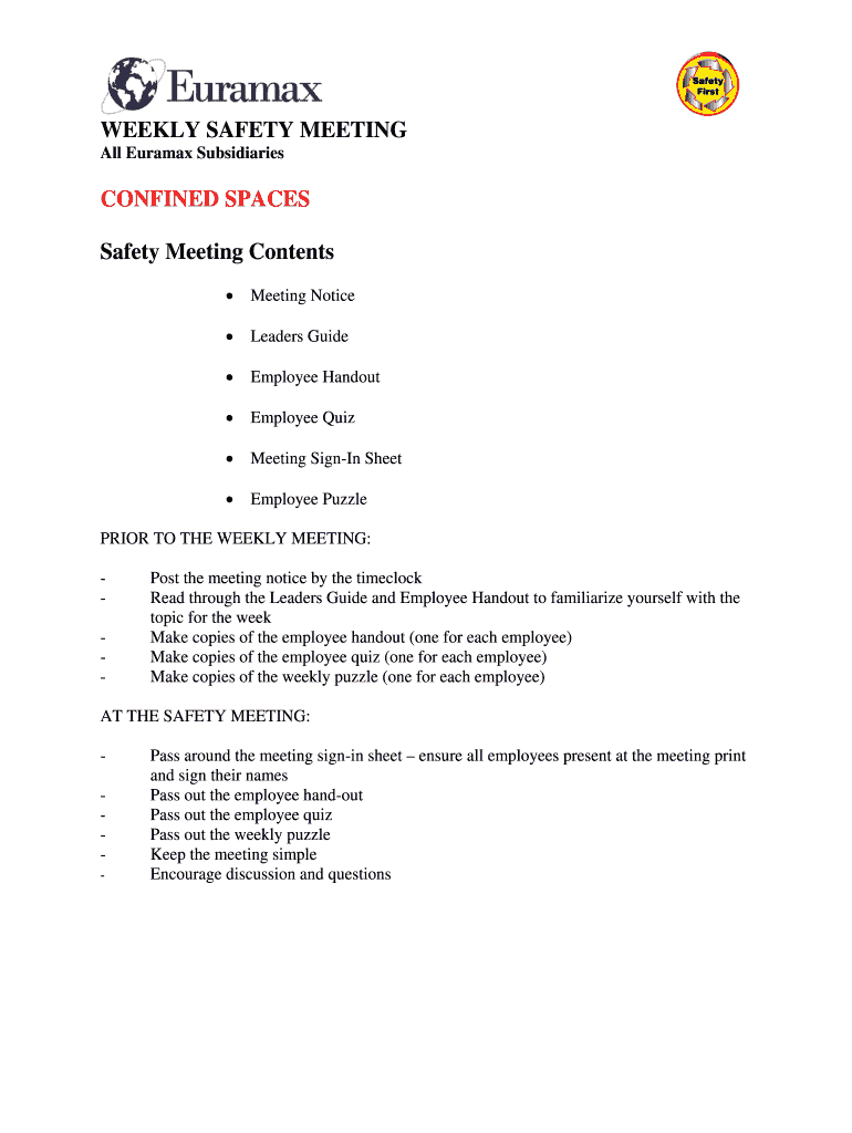 WEEKLY SAFETY MEETING CONFINED SPACES Safety Meeting Contents  Form