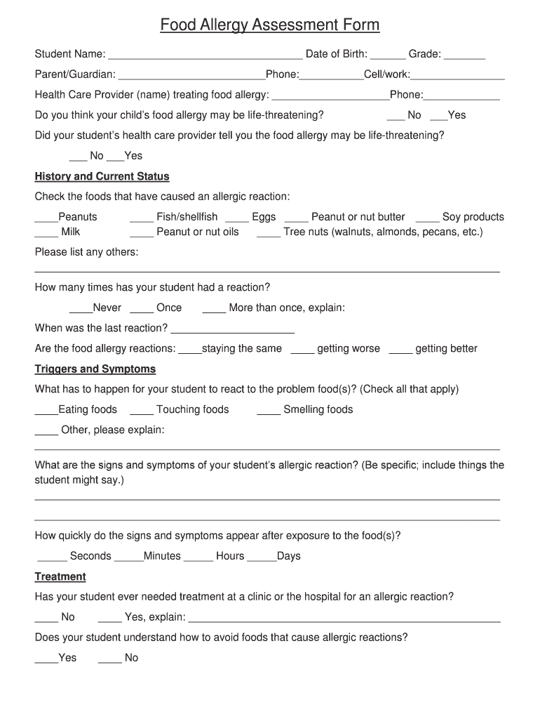 Food Allergy Assessment Form Christian School Olympiachristianschool