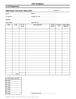 HKIHRM Toolkits Form Time Sheet for Parttime Staff XXX Company to HR Department TIME SHEET for PART TIME STAFF Reference No