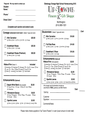 Corsage Order Form Homecoming