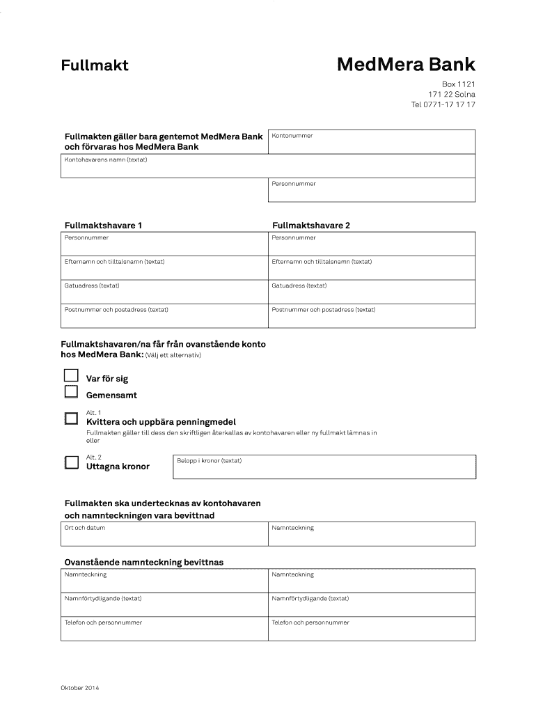 Fullmakt Bank  Form